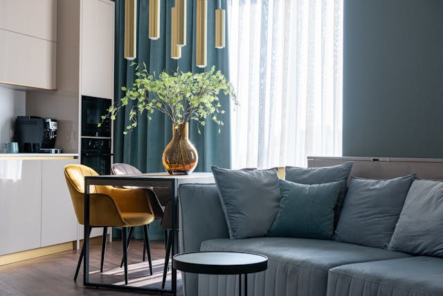 blue couch in modern home